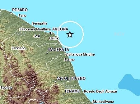 Scossa terremoto 4.4 al largo Ancona